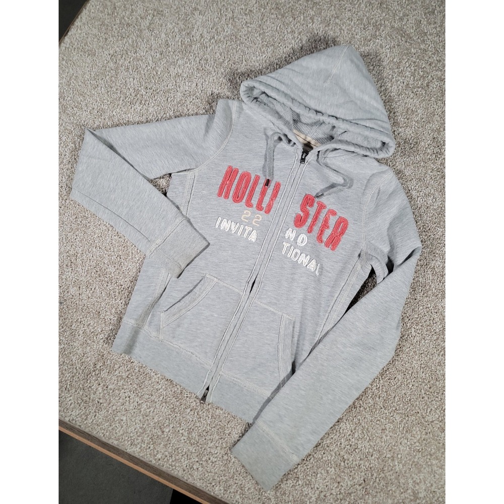VTG Hollister Hoodie Jacket Medium Gray Womens Y2K Surf Grunge Spell Out Hipster